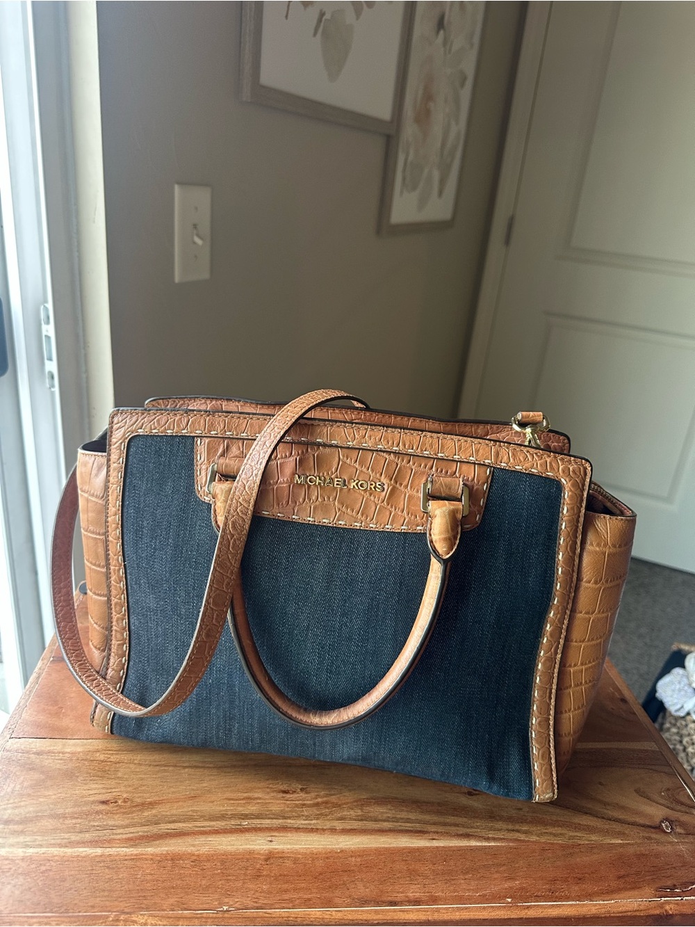 Michael Kors SelmaBrown Croc-Embossed Leather & Denim Canvas Satchel